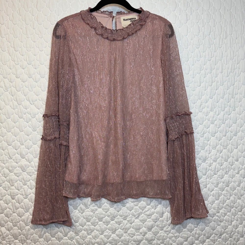 Savanna Jane Sheer Metallic Ruffle Neck Bell Sleeve Blouse Dusty Rose M